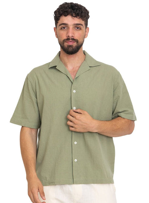 Olive Tennis Collar Linen Shirt - Khotwh